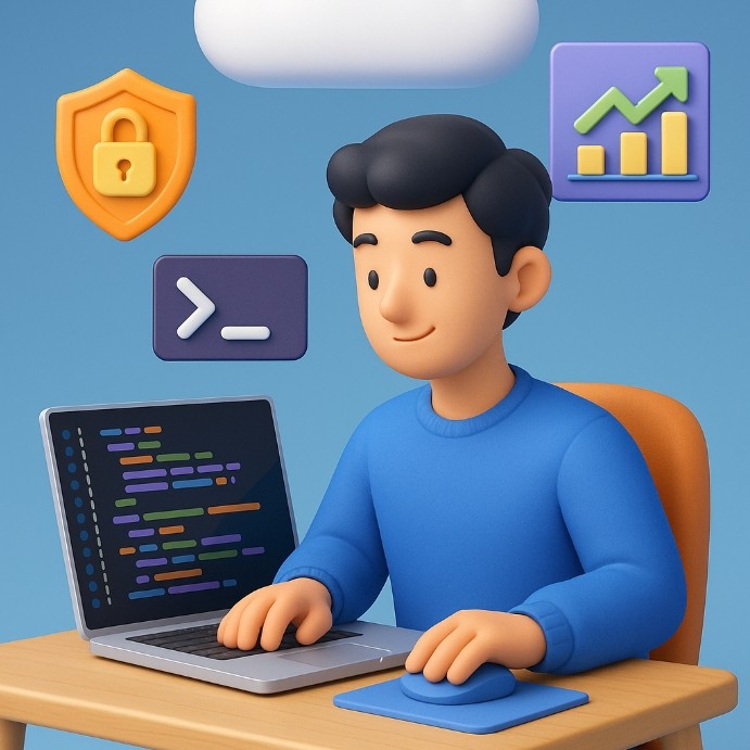 AWS클라우드 마이그레이션 계획 과정 AWS 클라우드 마이그레이션 계획을 시각화한 3D 일러스트. 개발자들이 가용성, 운영 효율화, 보안 강화, 비용 최적화를 목표로 회의 중인 장면.