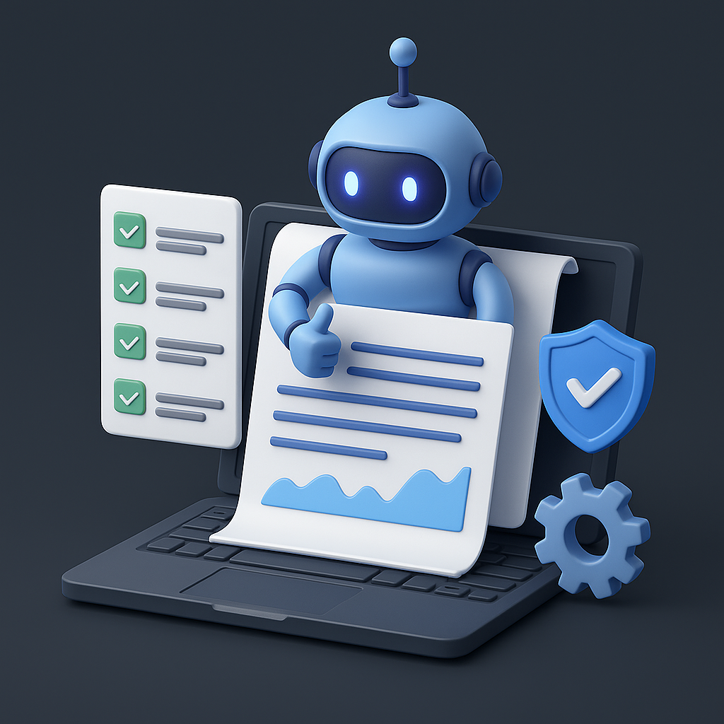 AI_활용_개발문화_성장_3D이미지_올라핀테크 AI 로봇이 자동화된 개발 문서와 체크리스트를 처리하며 개발 문화를 고도화하는 과정을 표현한 3D 일러스트
