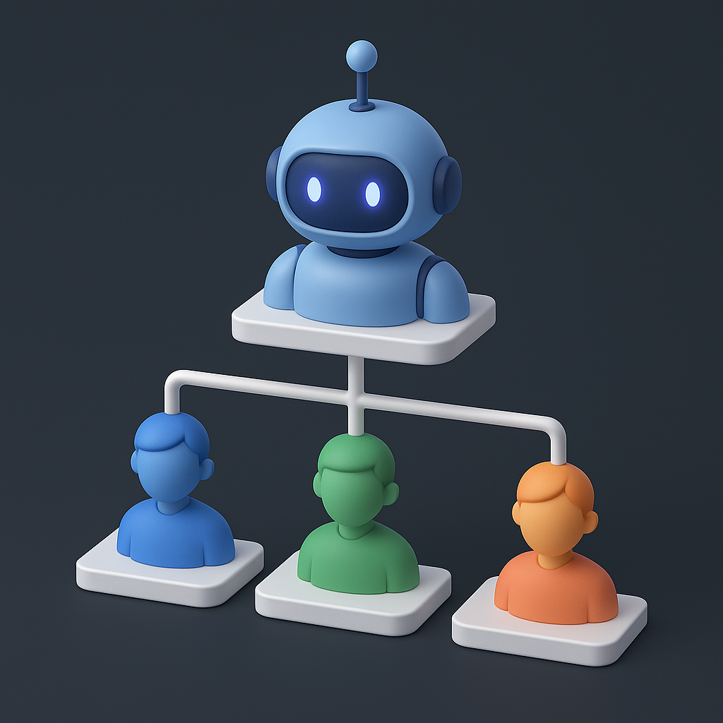 스쿼드_조직개편_AI조직도_3D이미지_올라핀테크 AI 리더 아래 여러 팀원이 연결된 형태의 스쿼드 조직 구조를 표현한 3D 일러스트