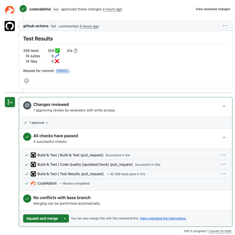 GitHub_테스트결과_검토완료_스크린샷_올라핀테크 GitHub에서 테스트가 모두 통과되고 리뷰 승인이 완료된 풀리퀘스트 화면 스크린샷