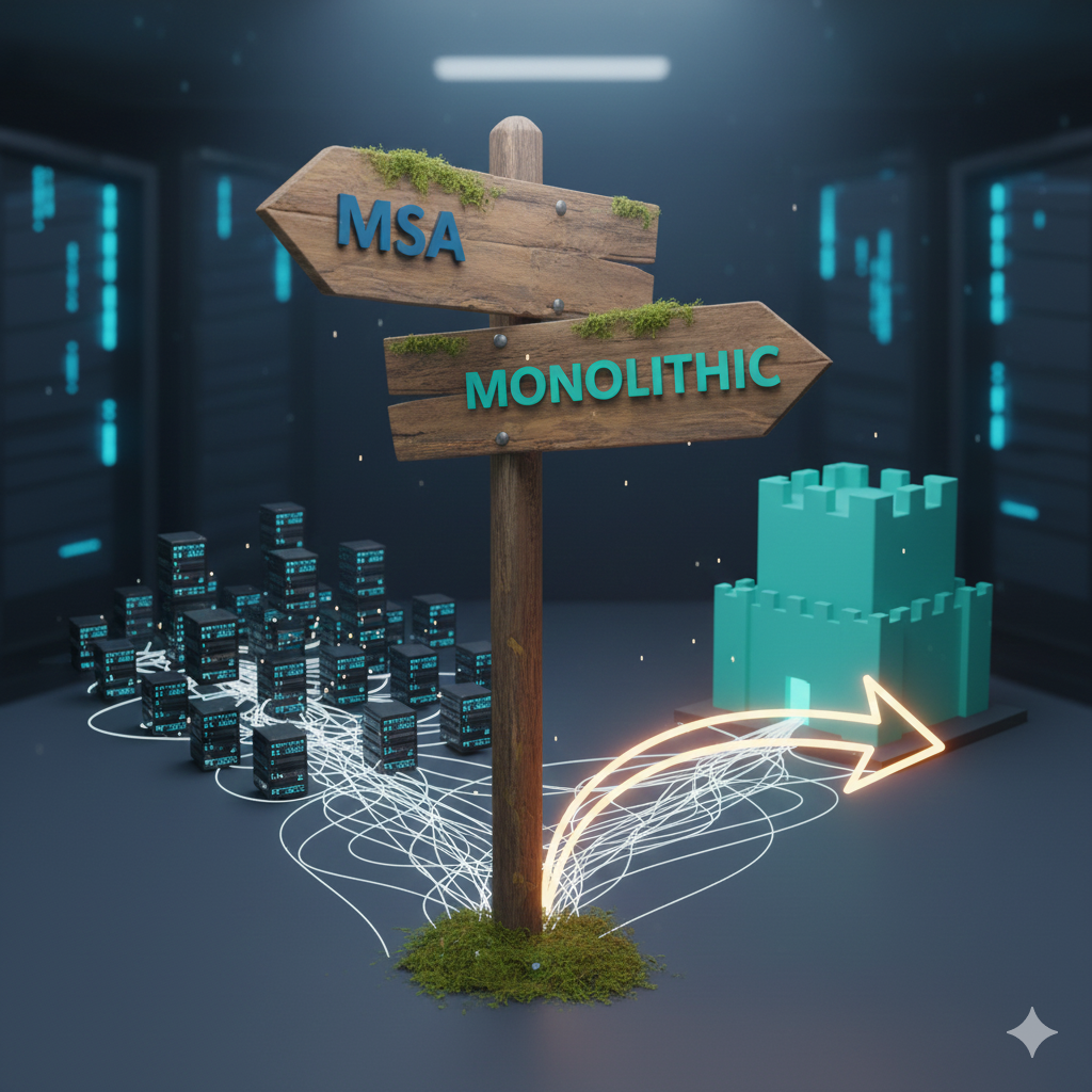 MSA와_모놀리식_아키텍처_선택의_기로_올라핀테크 MSA와 모놀리식 아키텍처 사이에서 서비스 성장 단계에 맞는 서버 구조를 고민하는 기술적 선택의 순간을 시각화한 이미지